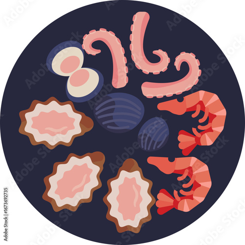 Icon showing a variety of seafood types to represent mixed seafood dishes.