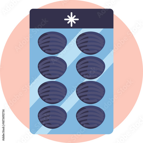 Depicts preserved mussels kept frozen for freshness and long-term use.