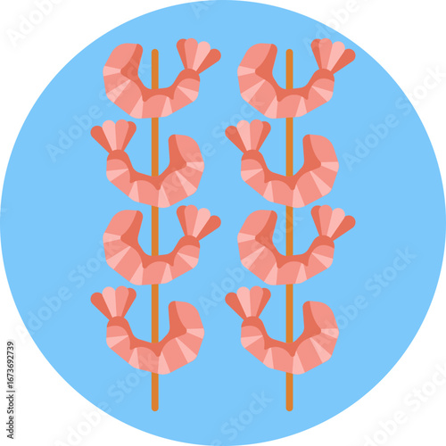 Icon of shrimp skewered on sticks, grilled and ready to serve.