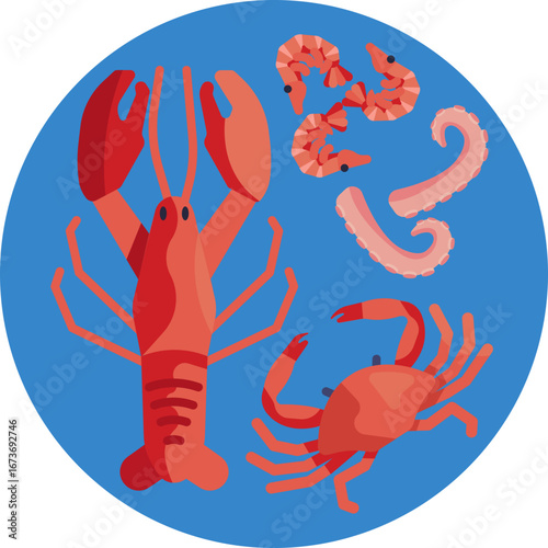 Combination of various fresh seafood items.