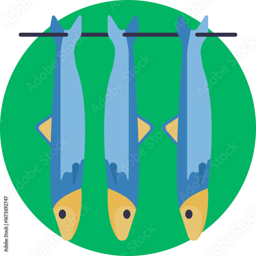 Skewered fish, typically sardines, for barbecuing or grilling.