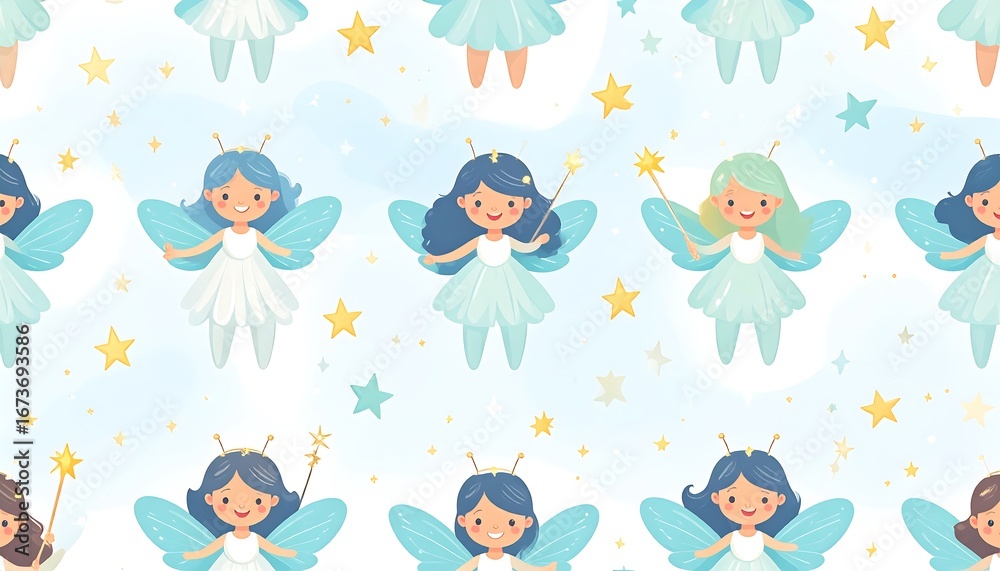 Cute little fairies pattern with wings and wands Cute little fairies pattern with wings and wands
