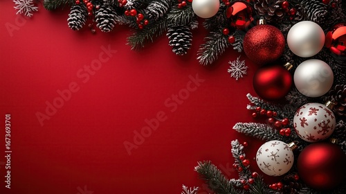 Flat red surface Christmas background with white and red ornaments on right side, minimalist festive atmosphere high-resolution commercial pattern for card, packaging and digital media holiday theme d