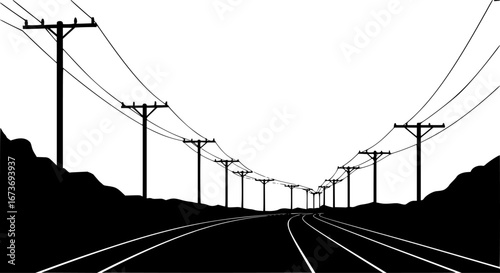 Black and white railway tracks with electric poles vector design. High-contrast railway tracks and power lines silhouettes vector. Silhouette train tracks and utility poles vector