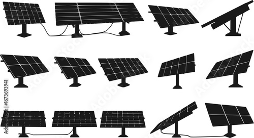 Solar panel silhouettes vector art. Black silhouettes of solar panels vector icons. Solar panel silhouettes icons for eco energy power. Vector solar panel silhouettes for renewable energy