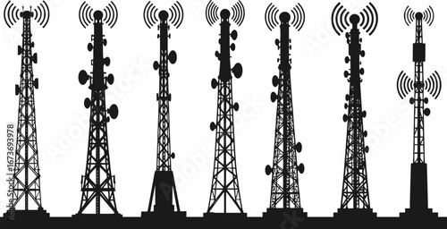 Tower wireless icon silhouettes. Communication tower icon vector. Set of wireless radio tower silhouettes. Black silhouettes of radio tower vector. Wireless tower silhouettes for business networking