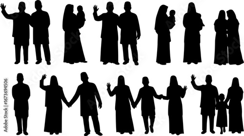 A joyful Muslim family celebrating Eid in festive attire
