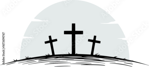 Three crosses on hill symbolizing crucifixion of Jesus Christ on Good Friday
