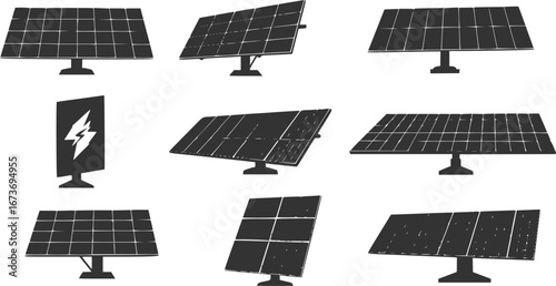 Solar panel silhouettes vector art. Black silhouettes of solar panels vector icons. Solar panel silhouettes icons for eco energy power. Vector solar panel silhouettes for renewable energy