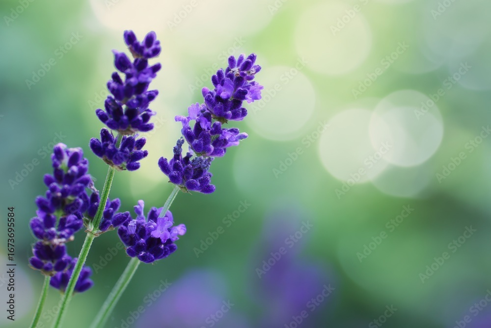 Fototapeta premium Beautiful Lavender Flowers in Bloom with Soft Green Bokeh Background.