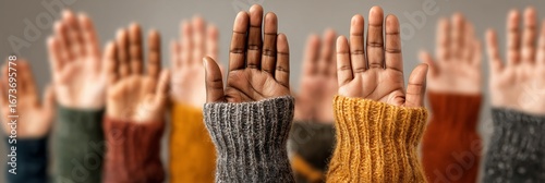 Diverse group of raised hands for community events, social campaigns, and educational projects, shown front view against neutral background with various skin tones and warm sweater colors, 3:1 banner 