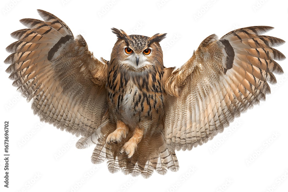 Fototapeta premium Owl with spread wings isolated on pure white background