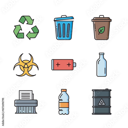 Recycling icons representing waste management on white backdrop show details