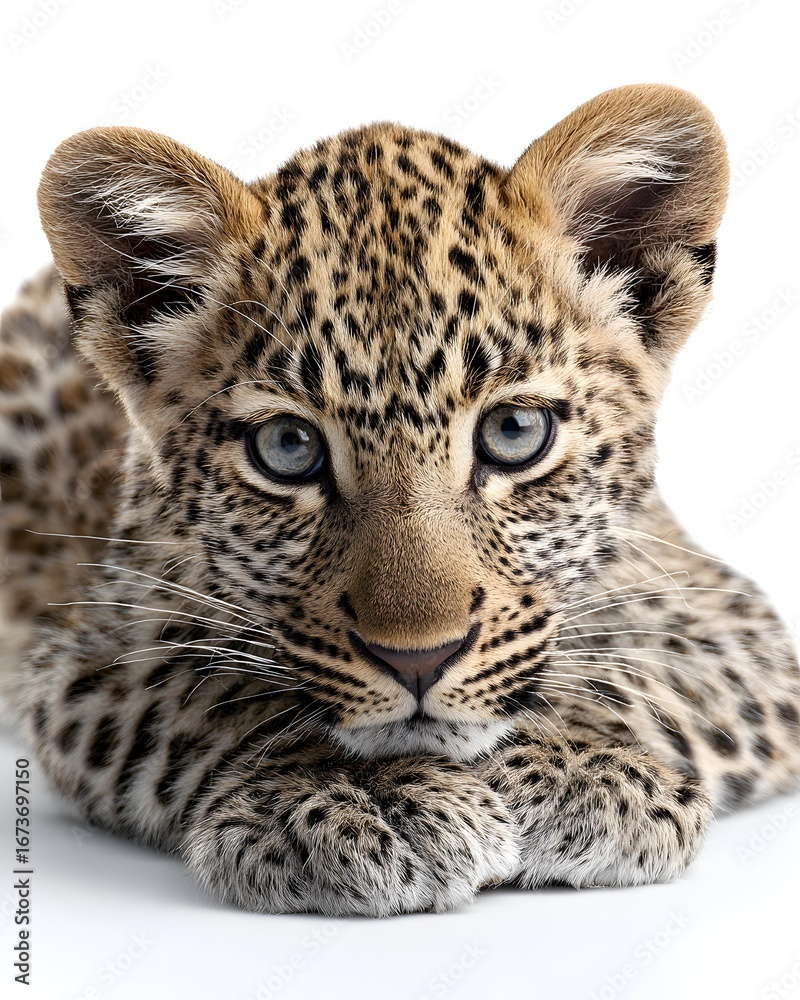 Obraz premium Leopard cub lying isolated on pure white background