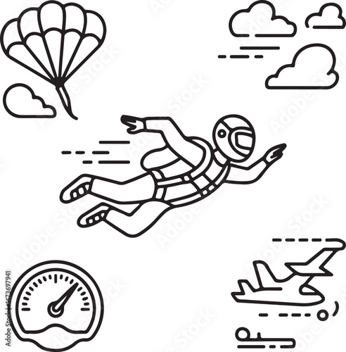 Parachuting and Aerial Sports Vector Line Icons – Skydivers, Aircraft, and Safety Equipment