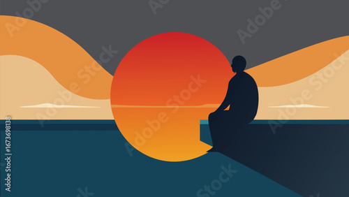 A man sits on a ledge, contemplating the colorful sunset, with the sun casting golden light across the scene..eps