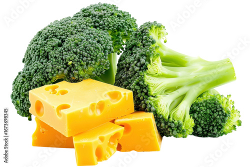 Savoring the vibrant colors of fresh broccoli paired with rich cheddar cheese for a healthy and delicious snack idea isolated on transparent background