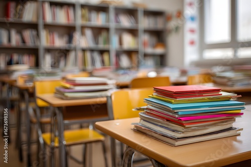 Classroom neat rows of desks with books on white background