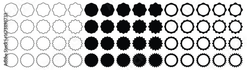 Blank starburst badge and seal shapes set in outline, solid and frame styles for label and logo design