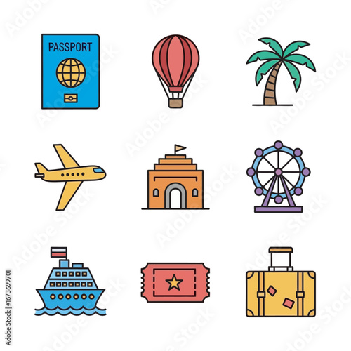 Colorful icons represent tourism planning destinations worldwide