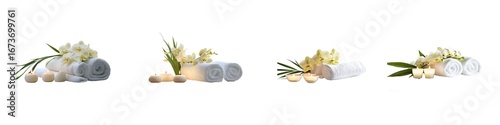 Set of spa towel with flowers and candles isolated on transparent background
