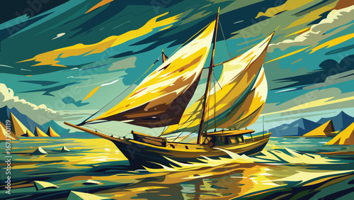 painting depicting a sailboat gliding across calm waters under a clear blue sky..eps