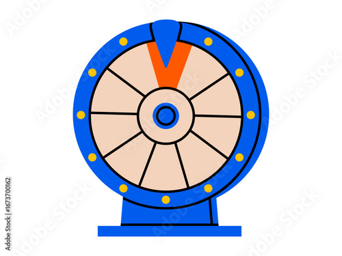 Hand drawn cute illustration of wheel of fortune. Flat vector gamble game winner sticker doodle. Round roulette with arrow. Chance for prize concept icon. Success or luck. Isolated.