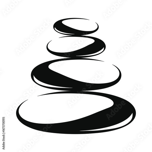 Stacked smooth black oval stones on white background rock balance