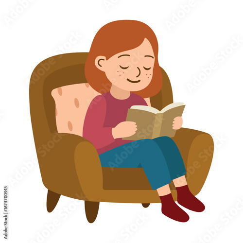 Girl sitting comfortably in a brown armchair, absorbed in reading a book. The vector illustration portrays a serene moment, depicting relaxation and enjoyment in reading