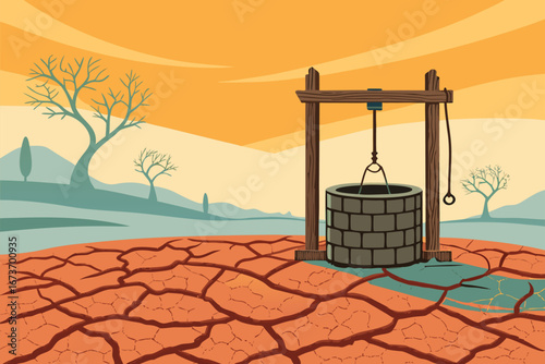 A stark drought awareness poster featuring a cracked, empty water well under a pale sky.