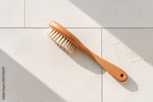 wooden brush rests elegantly on pristine white tiles beautifully illuminated by soft sunlight