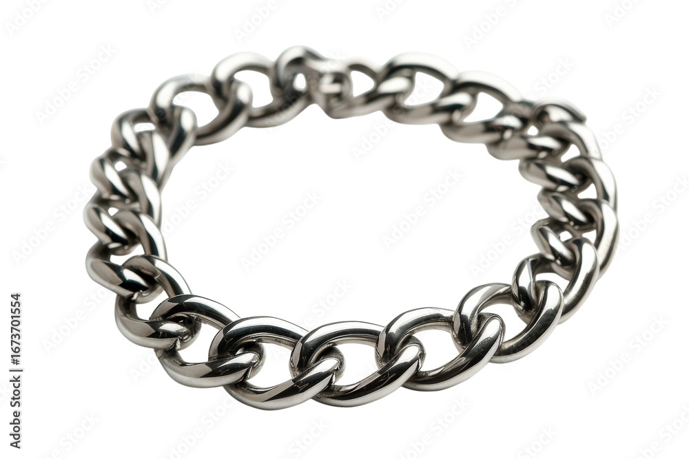 Obraz premium A shining silver chain bracelet rests elegantly on a smooth surface, capturing the light and showcasing its intricate links isolated on transparent background