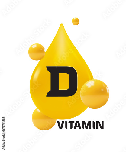 Yellow, golden drop Vitamin D Icon, vector illustration. Yellow vitamin D symbol. Shiny medical supplement pill icon for health care, pharmacy, nutrition, wellness and medicine advertising.