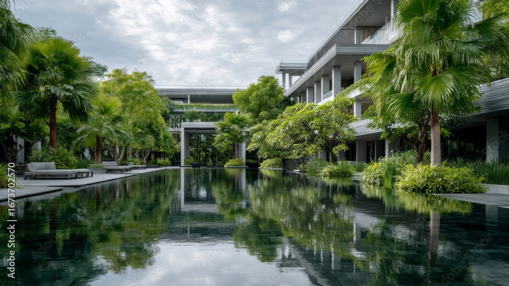 Fototapeta premium Lush tropical courtyard with reflective pool. AI image