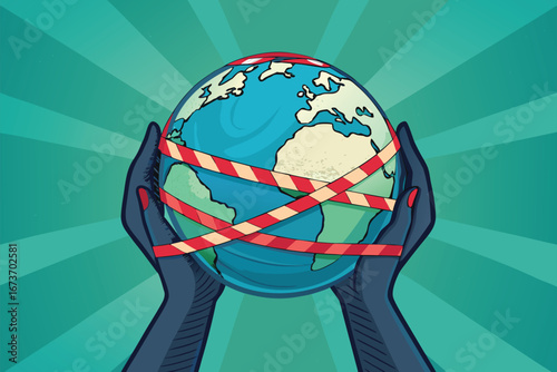Earth rescue campaign poster diverse hands cradle a vibrant, glowing planet, symbolizing unity and urgent global environmental action.