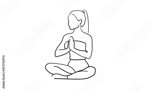 Woman sitting in yoga pose with palms folded at chest level, continuous line art isolated on white background. Relax line art drawing. Chakra outline. Vector illustration	