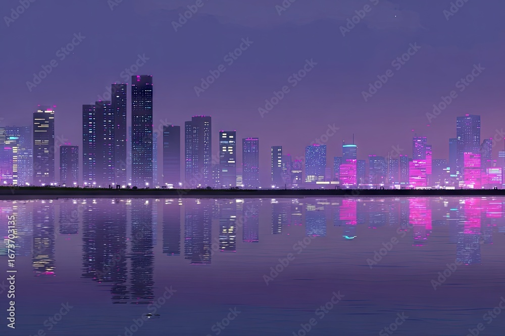 Fototapeta premium City skyline at twilight, reflected in water, vibrant neon pinks and purples