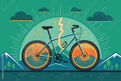 Eco awareness poster, bicycle transforming into lush green forest, vibrant leaves, symbolizing nature's rebirth, sustainable transport.