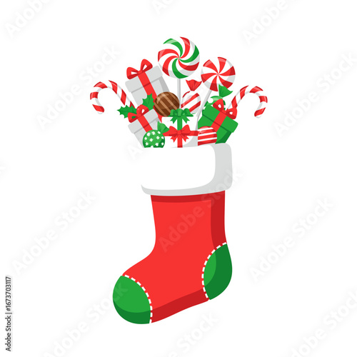 Christmas Stocking Filled with Candy Canes and Gifts Vector Illustration