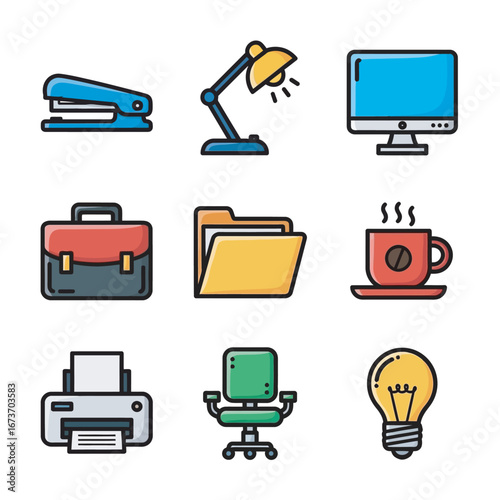 Office icons illustrate tools creating workspace minimalist style