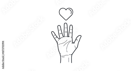 Hand reaching for a heart symbol, line art illustration.