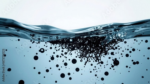 Concept of water pollution with a large molecule-like structure representing harmful PFC PFAS crude oil plastic molecules poisoning drinking water. Contamination of river or lake by forever chemicals.