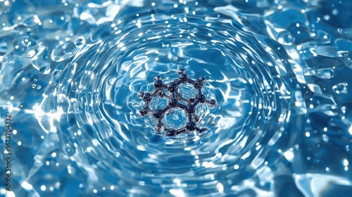 Concept of water pollution with a large molecule-like structure representing harmful PFC PFAS crude oil plastic molecules poisoning drinking water. Contamination of river or lake by forever chemicals.