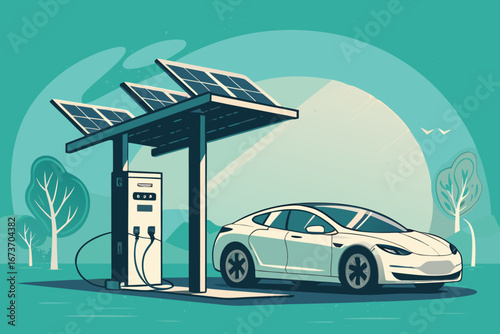 Futuristic eco-friendly electric vehicle charging powered by solar panels, sustainable energy infrastructure.
