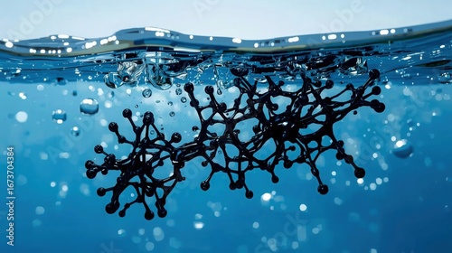 Concept of water pollution with a large molecule-like structure representing harmful PFC PFAS crude oil plastic molecules poisoning drinking water. Contamination of river or lake by forever chemicals.