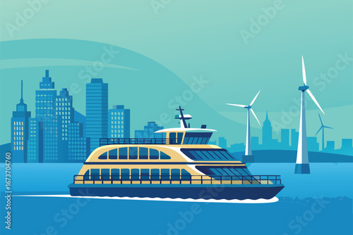 Eco-friendly ferry with wind turbine sails crossing calm waters, showcasing sustainable transport innovation.