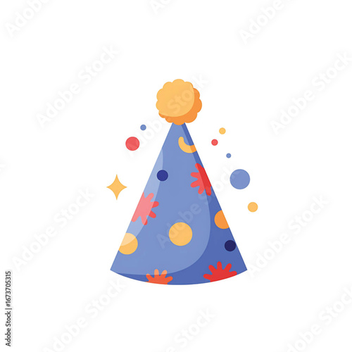 A festive blue conical party hat with a yellow pom-pom, adorned with colorful patterns and sparkles.