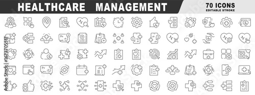 Outline healthcare management icon set for hospitals and clinics: scheduling, records, EHR/EMR, workflow analytics, security, telemedicine, dashboards; editable stroke professional