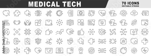 Medical tech line icons for telemedicine, healthcare apps, wearables, cloud data, diagnostics, monitoring, AI, security, DNA, hospitals, interfaces, dashboards, devices