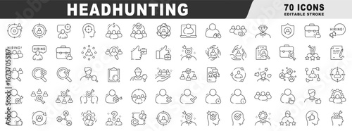 Clean outline icons for headhunting, recruitment, hiring, candidate search, screening, interview, ATS workflows, shortlist, verification, and staffing. Resume sourcing analytics